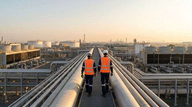 Two industrial workers in hard hats and safety vests from behind, walking along elevated metal walkway between pipes, large oil refinery or chemical plant facility, industrial engineering photography