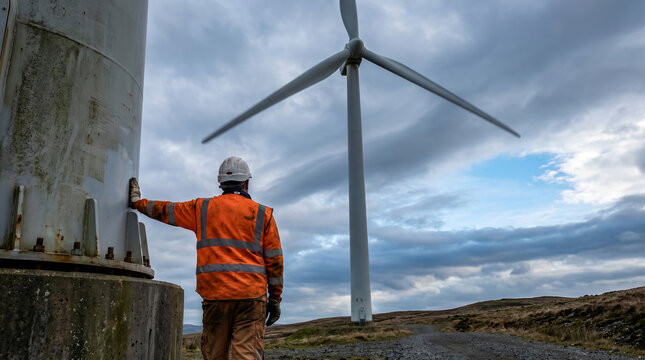 Wind farm technician in high visibility safety jacket and hard hat, dirty uniform texture, leaning against turbine base looking at rotating blades, clean energy industry photography