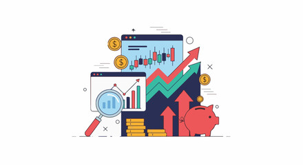 Naklejka premium A colorful infographic with graphs and a piggy bank and coins
