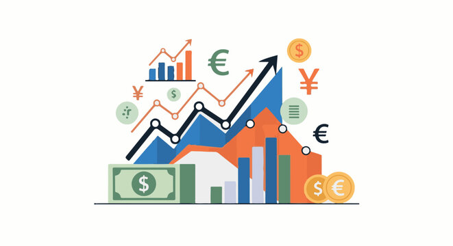 A colorful infographic displaying various graphs and currency symbols