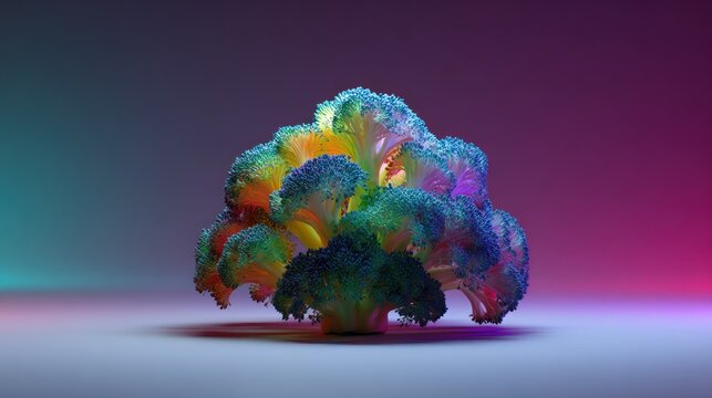 Vividly illuminated cruciferous vegetable displays a spectrum of brilliant colors against a darkened backdrop