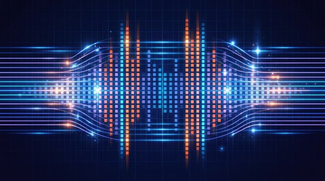 Neon digital waveform graphic with glowing blue and orange lights