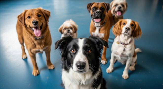 A group of six diverse dogs, including a black and white Border Collie, a brown Golden Retriever, a brown Boxer, a small light brown Shih Tzu, and two brown and white Spaniels, sitting on a blue.