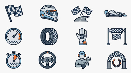 Naklejka premium Industrial Racing and Motorsport Equipment Icons Collection for Performance and Safety with high professional line art symbols for modern creative design and digital branding projects
