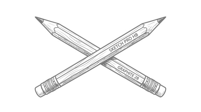 Hand Drawn Sketch of Two Pencils Crossed, HB and 2B Graphite, Isolated on White