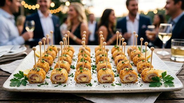 Golden breaded chicken cordon bleu bites served on a platter at an outdoor event
