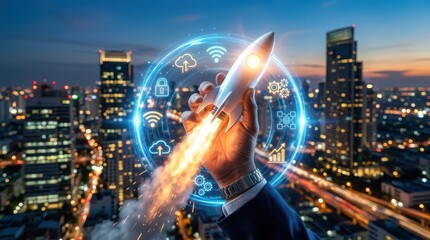 Fototapeta premium Business launch concept hand holding rocket with digital network icons over city skyline at dusk
