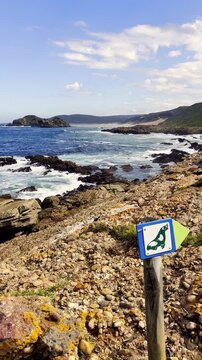 Trail marker along Robberg circular hiking trail in Plettenberg Bay. Vertical