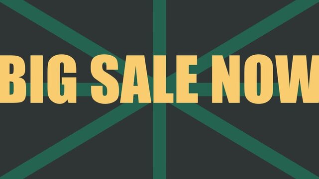 Bold big sale now typography animation with geometric line pattern on dark background creating eye catching retail promotion and marketing visuals