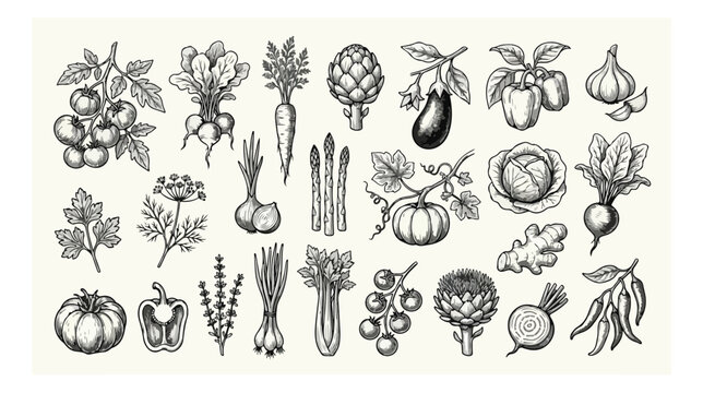 Vintage hand drawn vegetable collection, 25 engraved garden food icons, rustic black and white sketch of organic farm produce vector