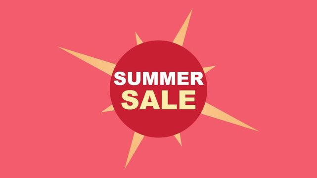 Summer sale badge animation featuring red circular label with sunburst rays on coral background creating eye catching retail promotion and marketing visuals