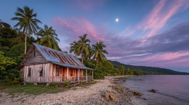 Dilapidated wooden beach dwelling rests beside tranquil ocean water beneath a vibrant twilight sky
