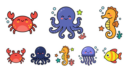Kawaii marine animals set with crab octopus and seahorse © rofik