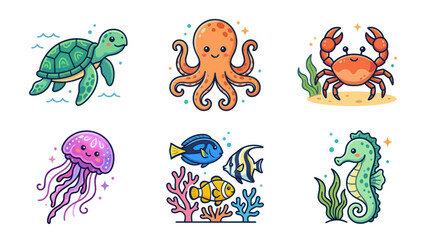 Vibrant sea creature collection featuring turtle octopus and crab © rofik