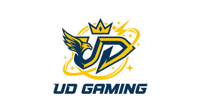 Esport logo featuring eagle mascot crown and ud letters for gaming
