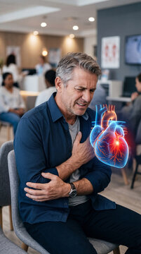 Man holding chest with painful expression showing digital human heart illustration. Patient experiencing heart attack in hospital waiting room. Symptom of cardiovascular disease concept.