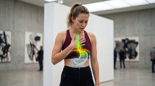 Woman feeling bad with acid reflux in chest and stomach. Medical illustration of heartburn visualization. Health diagnostic concept for gastrointestinal disease and GERD symptoms treatment.