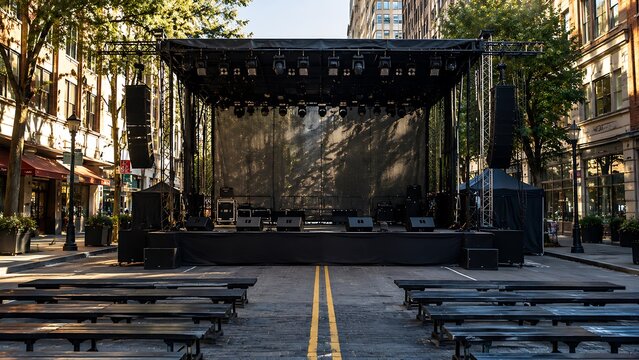 An empty outdoor concert stage is set up on a city street with rows of benches facing it.