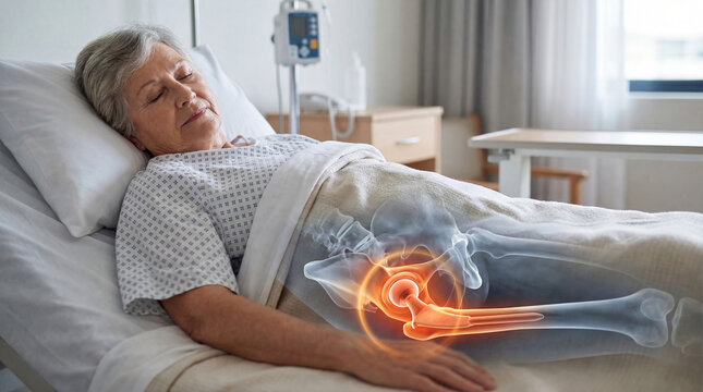 Elderly woman lying in hospital bed with hip replacement illustration. Medical visualization of artificial joint implant surgery. Orthopedics, healthcare and physical recovery concept.
