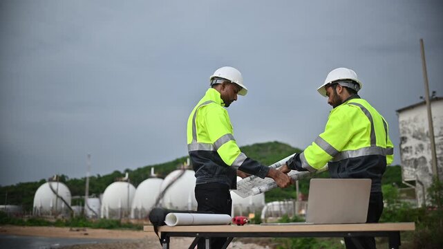Engineers wearing safety gear, including hard hats examining survey a large blueprint tablet standing industrial facility gas or oil refinery engaged in a job requires high safety standards concept.	