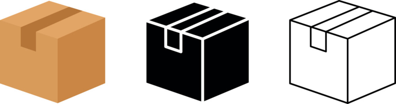 Solid color and editable line of card box icon set, package shipping and delivery symbol with tape