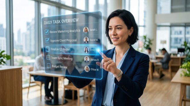 Businesswoman interacting with a transparent digital task management interface displaying team member assignments in a modern office