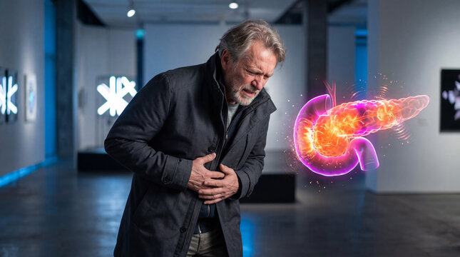 Man holding his stomach in pain with a glowing visualization of an inflamed pancreas. Concept of pancreatitis and digestive organ health issues. Medical diagnostic and awareness.