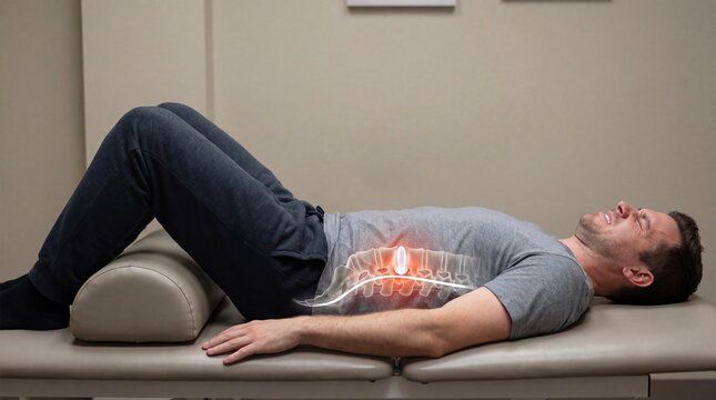 Man lying on back with lower back pain. Patient experiencing spinal injury or lumbar disc problem during treatment. Medical visualization of vertebra inflammation for healthcare therapy.
