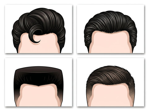  High-resolution vector-style illustration of four classic retro male hairstyles arranged in a clean 2x2 grid on a plain white background