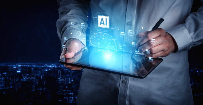 AI neural network and data processing system visualizing artificial intelligence with brain structure, chip, and connected data blocks for computation and learning Vouch