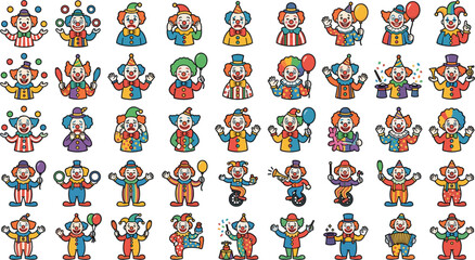 Cute Circus Clown Character Icon Set with Various Poses Juggling Performance Magic Tricks and Balloon Animals for Kids Birthday Party DesignsCute Circus Clown Character Icon Set with Various Poses Jug © Shameem