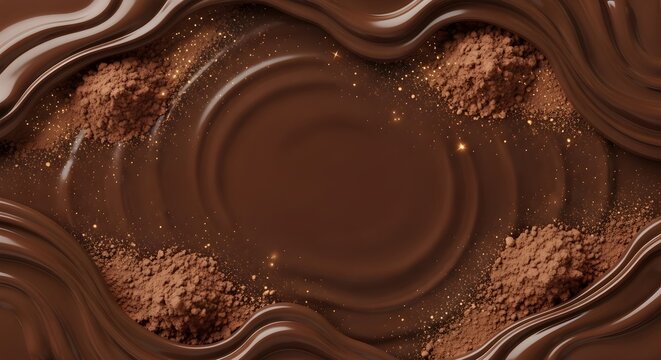 Chocolate background with cocoa powder and liquid chocolate swirl