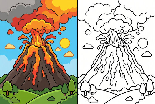 Volcanic Eruption Illustration: A vibrant cartoon depiction of a volcano erupting with molten lava, ash cloud, and smoke, alongside a black and white outline version for coloring.