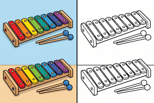 Colorful Xylophone Quartet: A vibrant collection showcasing a wooden xylophone with rainbow-colored keys and its mallets in different artistic renderings.