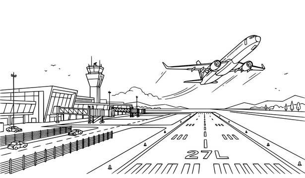 Modern airport terminal vector illustration minimalist black and white airplane takeoff runway line art sketch