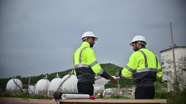 Engineers wearing safety gear, including hard hats examining survey a large blueprint tablet standing industrial facility gas or oil refinery engaged in a job requires high safety standards concept.	