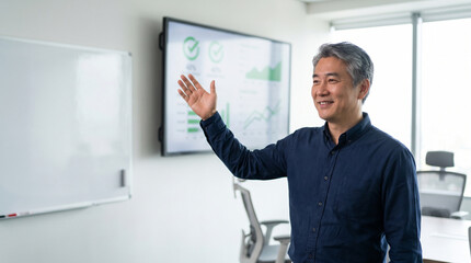 Fototapeta premium Senior Asian Businessman Presenting Security Dashboard in Modern Conference Room