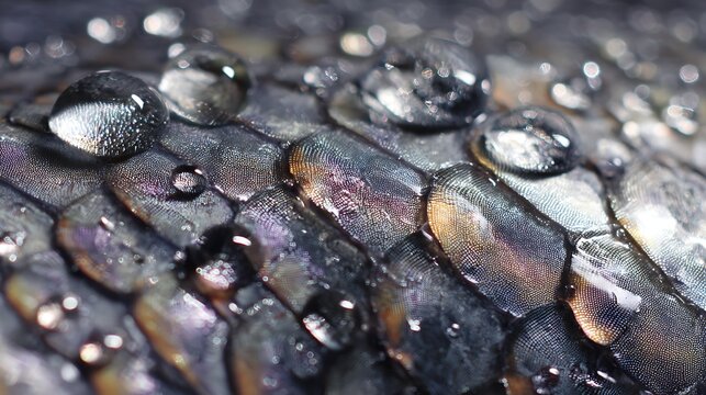 Macro photography of water droplets on a dark reptile scale surface.