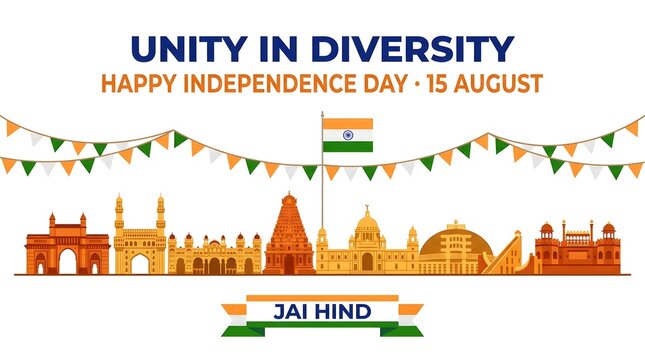Indian independence day background with famous monuments and indian flag