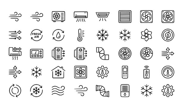 Cold Air Flow Line Icon Set with Ventilation Cooling Fans and Air Conditioning Symbols