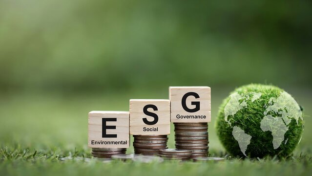 A sustainable globe rests beside stacked coins and ESG blocks on grass