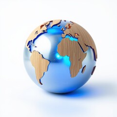 Fototapeta premium Globe depiction. Wooden continents float within blue sphere. Modern design, clean aesthetic, global representation. Bright studio lighting.