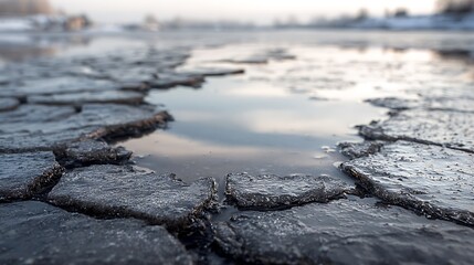 Fototapeta premium Close up view of thin cracked ice on a frozen river surface.