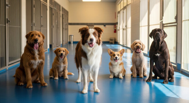 Six dogs of various breeds and sizes sit in a line on a blue floor in front of kennels in a well-lit, spacious indoor facility.