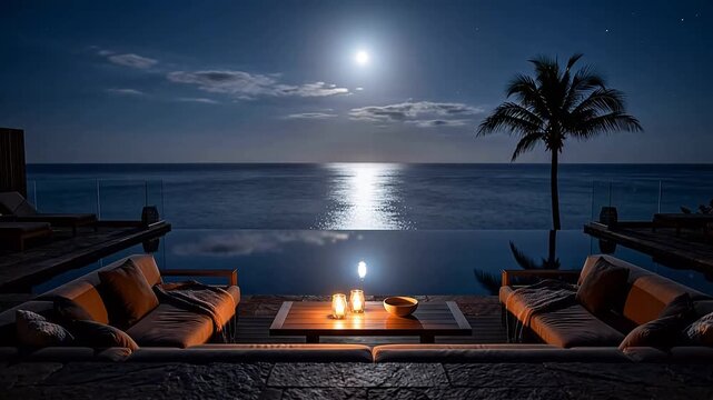 Luxury infinity pool terrace lounge overlooking a calm open sea on a moonlit night with candlelit sofas, a palm and a silver moon reflection &mdash; seamless looping chillout night background
