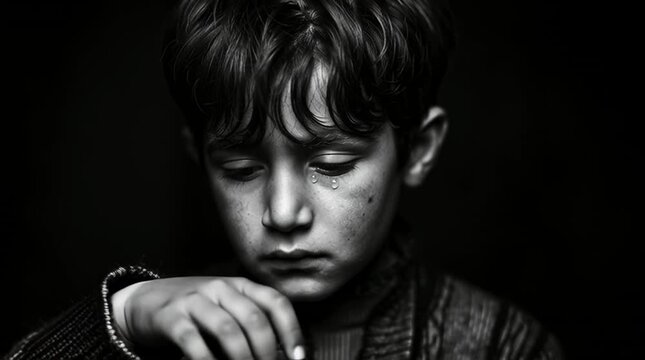 Award winning black and white photo of a young Iranian boy holding his hand up. He is looking with an anxious expression at the camera and with some tears. The photo was taken with a Hasselblad camera