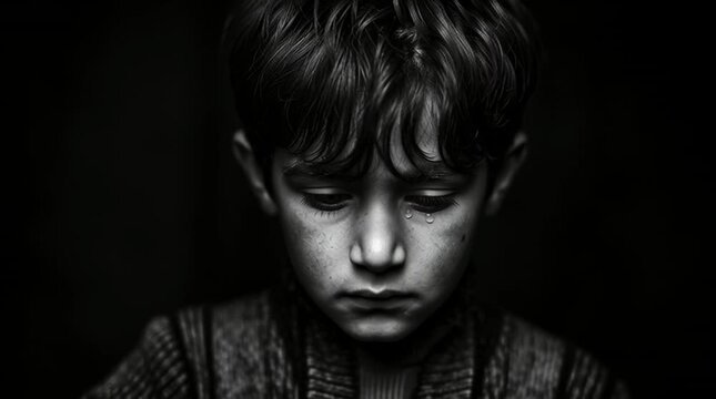 Award winning black and white photo of a young Iranian boy holding his hand up. He is looking with an anxious expression at the camera and with some tears. The photo was taken with a Hasselblad camera