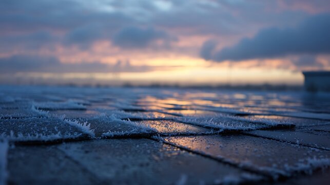 Frost covered cobblestone path during a dramatic sunrise.