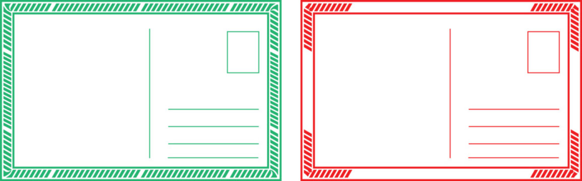 Vector illustration of green and red blank postcard templates with lines for writing and postage stamp areas
