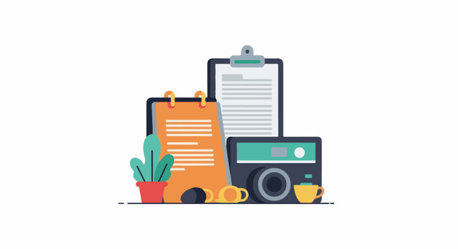 A colorful still life of office and personal items